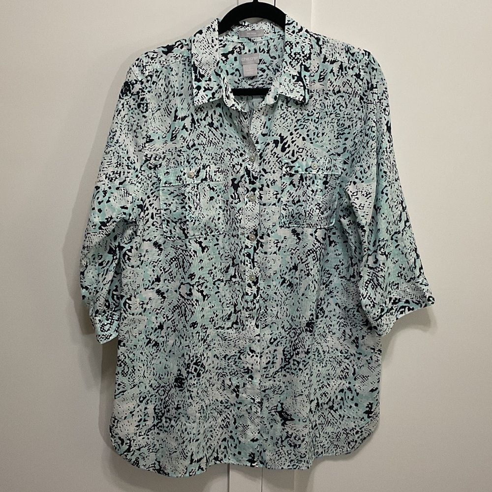 Chico's Abstract Print No Iron 100% Linen Button-Up Tunic, L ( Chico’s 2) EUC